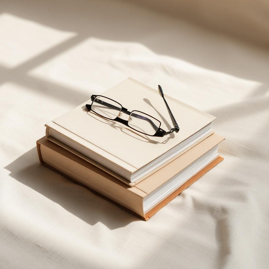 Livros empilhados e óculos de leitura sobre superfície de linho com luz natural